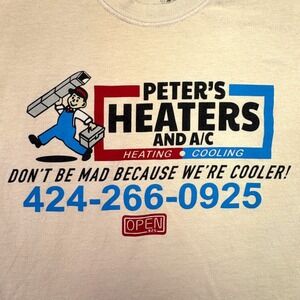 Open 925 Shirt Men's Medium Peter's Heaters And A/C Graphic T-Shirt Beige